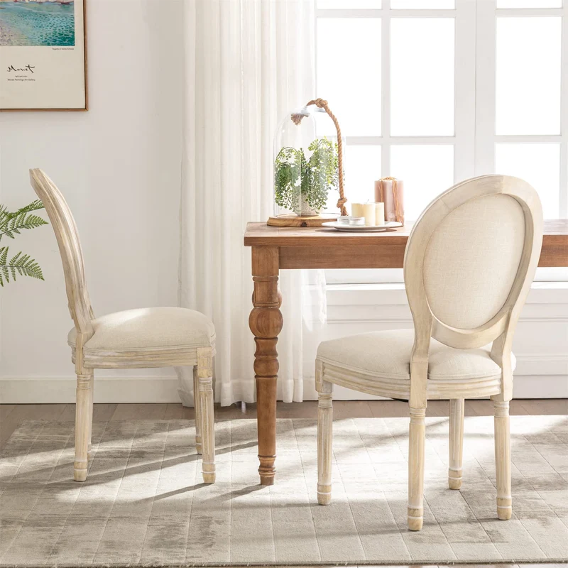 HomeMiYN Chaise Medaillon Lot de 2, Chaise de Salle à Manger de Style Louis-XVI en Tissu Lin, Chaises de Dîner Dossier Doux pour Chambre, Salon, Restaurant, Beige