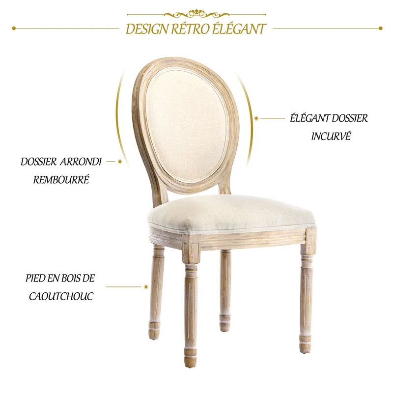 HomeMiYN Chaise Medaillon Lot de 2, Chaise de Salle à Manger de Style Louis-XVI en Tissu Lin, Chaises de Dîner Dossier Doux pour Chambre, Salon, Restaurant, Beige