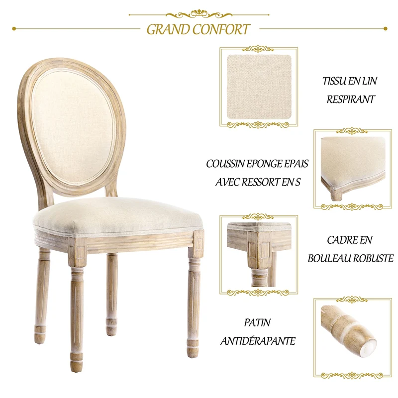 HomeMiYN Chaise Medaillon Lot de 2, Chaise de Salle à Manger de Style Louis-XVI en Tissu Lin, Chaises de Dîner Dossier Doux pour Chambre, Salon, Restaurant, Beige