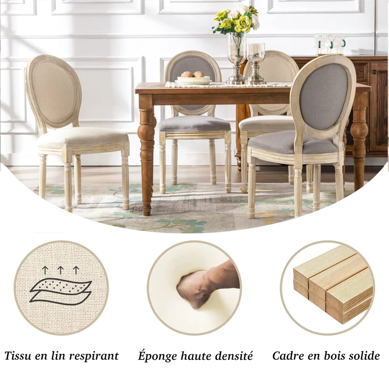 HomeMiYN Chaise Medaillon Lot de 2, Chaise de Salle à Manger de Style Louis-XVI en Tissu Lin, Chaises de Dîner Dossier Doux pour Chambre, Salon, Restaurant, Beige