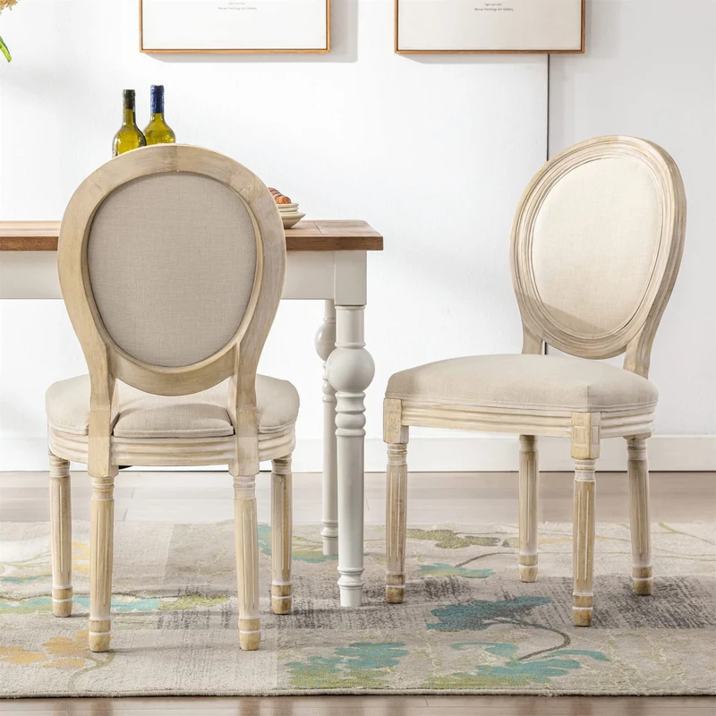 HomeMiYN Chaise Medaillon Lot de 2, Chaise de Salle à Manger de Style Louis-XVI en Tissu Lin, Chaises de Dîner Dossier Doux pour Chambre, Salon, Restaurant, Beige
