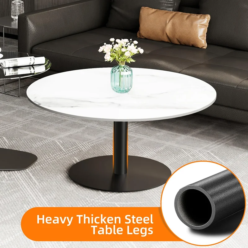 FATIVO Lot de 2 Tables Basses Gigognes: Table Basse Ronde de Salon Design Table à Café Moderne en Pierre Frittée Blanche avec Petite Table Basse en Verre Grise - 80x38.5cm + 50x45cm