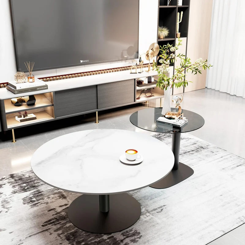 FATIVO Lot de 2 Tables Basses Gigognes: Table Basse Ronde de Salon Design Table à Café Moderne en Pierre Frittée Blanche avec Petite Table Basse en Verre Grise - 80x38.5cm + 50x45cm