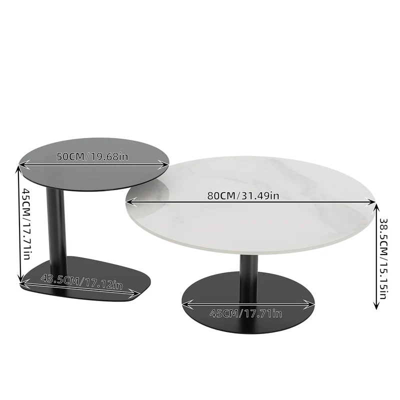 FATIVO Lot de 2 Tables Basses Gigognes: Table Basse Ronde de Salon Design Table à Café Moderne en Pierre Frittée Blanche avec Petite Table Basse en Verre Grise - 80x38.5cm + 50x45cm