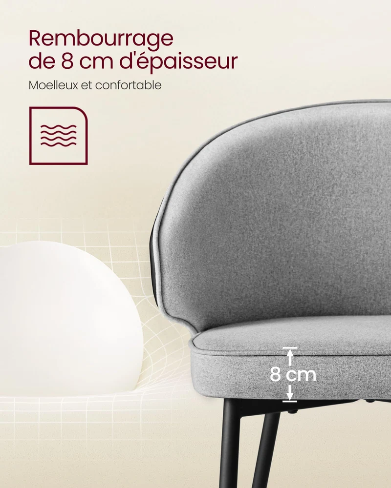 VASAGLE Chaise de Salle à Manger, Chaise de Cuisine, Siège Rembourré, en Tissu Coton-Lin, Fauteuil de Salon, Pieds en Métal, Moderne, pour Salle à Manger, Cuisine, Gris Clair LDC100G02