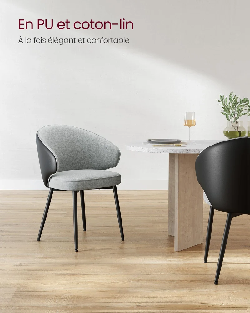 VASAGLE Chaise de Salle à Manger, Chaise de Cuisine, Siège Rembourré, en Tissu Coton-Lin, Fauteuil de Salon, Pieds en Métal, Moderne, pour Salle à Manger, Cuisine, Gris Clair LDC100G02