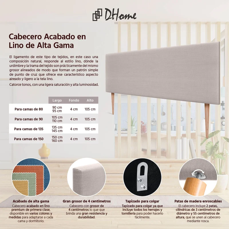 DHOME Tête de lit en Lin Naturel uni tapissée Chambre à Coucher Moderne Top Trending (Beig, 160x105cm avec Pieds (Lits 150/160))