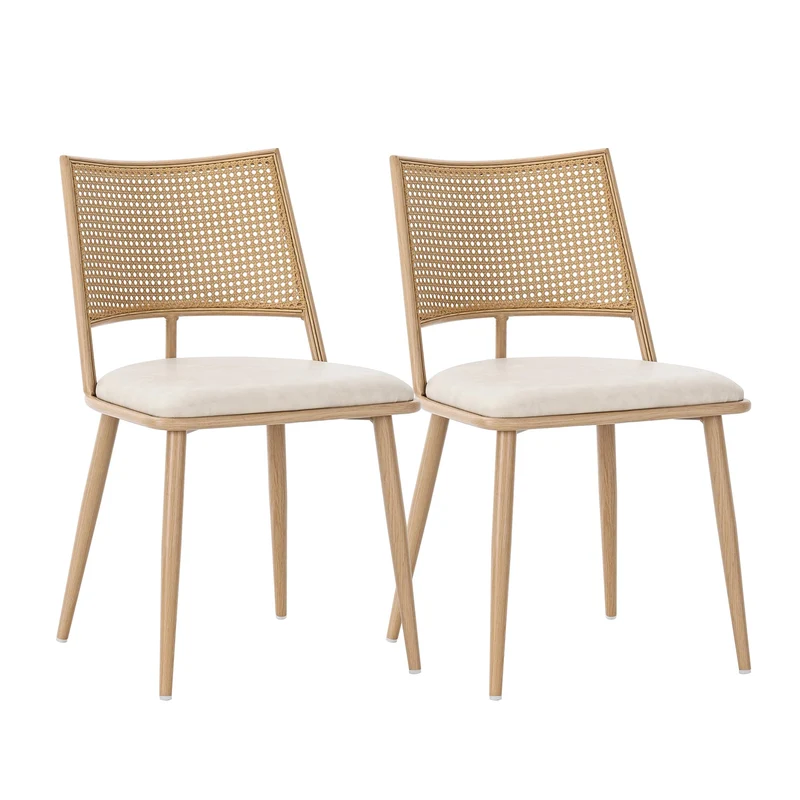 Merax Lot de 2 Chaises de Salle à Manger, Chaises de Cuisine avec Siège en Polyuréthane et Dossier en Rotin, Chaise Rembourrée pour Salle à Manger, Salon et Chambre à Coucher, Pieds en Métal, Beige