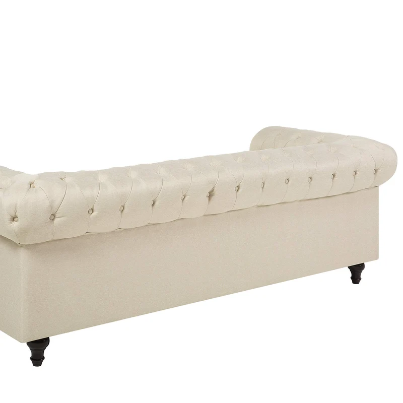 Canapé 3 Places en Tissu Beige Assise Rembourrée Large Dossier Points Chesterfield