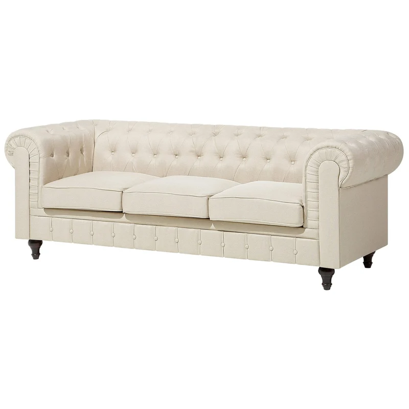 Canapé 3 Places en Tissu Beige Assise Rembourrée Large Dossier Points Chesterfield