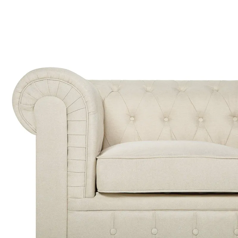 Canapé 3 Places en Tissu Beige Assise Rembourrée Large Dossier Points Chesterfield