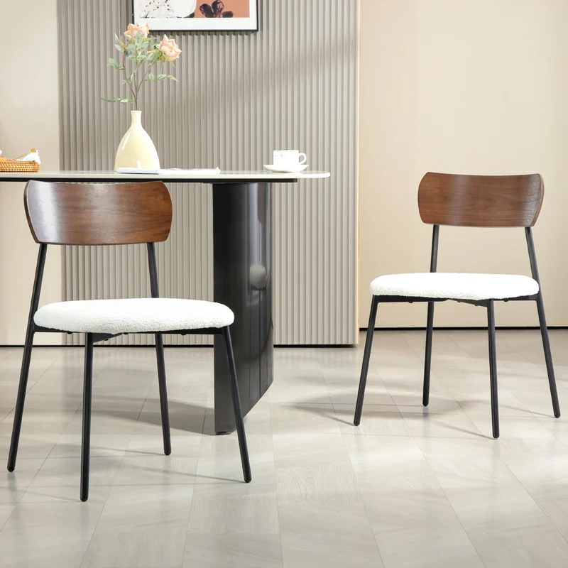 HOMCOM Lot de 2 chaises Salle à Manger Chaise de Cuisine Vintage Chaise de Salon rembourrée avec Assise Effet Bouclette, Dossier courbé Effet Bois pour Salon, Salle à Manger, Chambre, crème et Marron