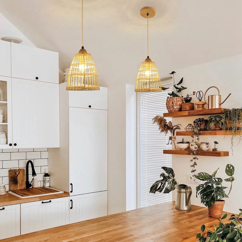 DAXGD Lampe Suspension en Rotin Bambou Naturel, Suspension Luminaire La Main Lampe Vintage, Boho Lustre Plafonnier en Osier Suspension Réglable E27 pour Table À Manger Couloir Cuisine Salon