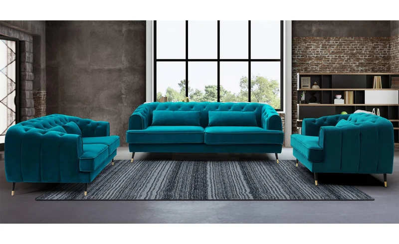 Menzzo Canapé capitonné 3 Places Style Boudoir Glams Velours Bleu Canard