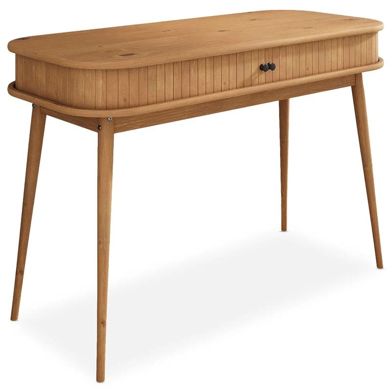 IDIMEX Bureau JARI en Bois Massif, 113 x 75 x 50 cm, Pieds Coniques, façade cannelée, Rangement Pratique avec Porte coullisante, Coloris chêne