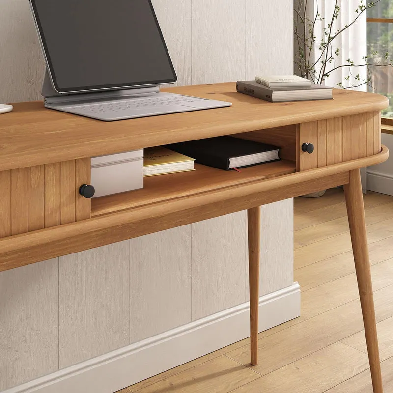 IDIMEX Bureau JARI en Bois Massif, 113 x 75 x 50 cm, Pieds Coniques, façade cannelée, Rangement Pratique avec Porte coullisante, Coloris chêne