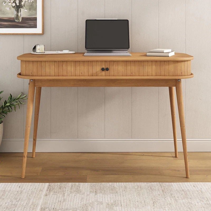 IDIMEX Bureau JARI en Bois Massif, 113 x 75 x 50 cm, Pieds Coniques, façade cannelée, Rangement Pratique avec Porte coullisante, Coloris chêne