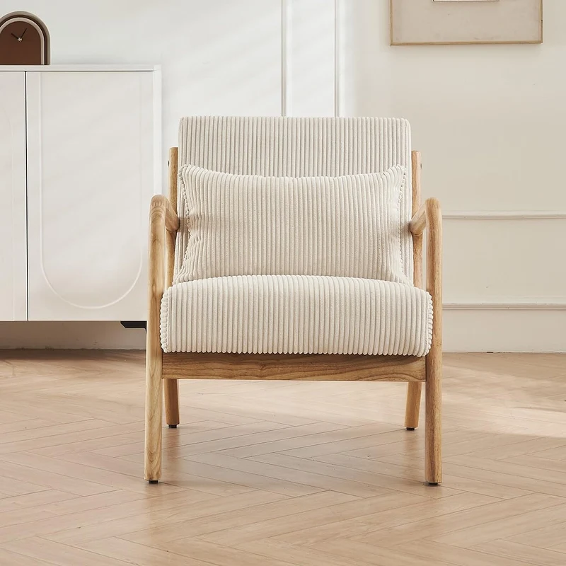 HOMIFAB Fauteuil en Bois et Velours côtelé Beige - Lanna
