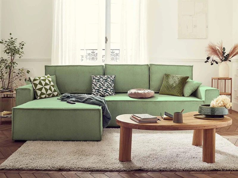 Best Mobilier - Canapé d'angle Convertible Réversible Dellia en Velours Côtelé - Canapé Lit - Sofa Vert Sauge 4 Places - Angle Droit - ou Gauche - Salon