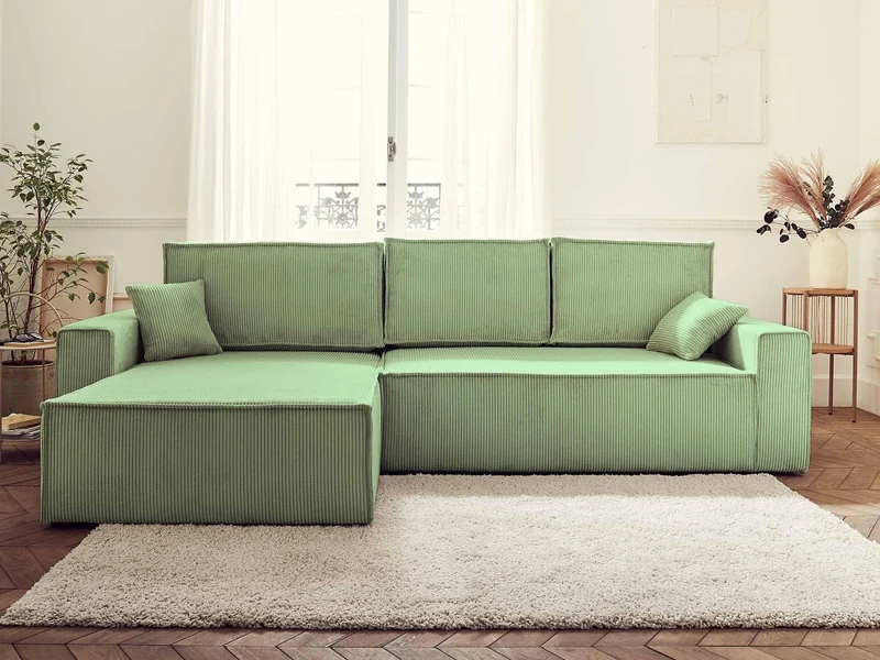 Best Mobilier - Canapé d'angle Convertible Réversible Dellia en Velours Côtelé - Canapé Lit - Sofa Vert Sauge 4 Places - Angle Droit - ou Gauche - Salon