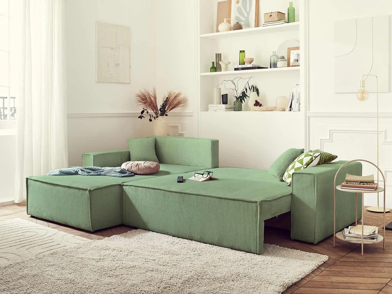 Best Mobilier - Canapé d'angle Convertible Réversible Dellia en Velours Côtelé - Canapé Lit - Sofa Vert Sauge 4 Places - Angle Droit - ou Gauche - Salon