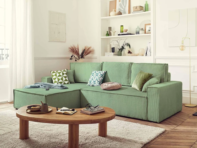 Best Mobilier - Canapé d'angle Convertible Réversible Dellia en Velours Côtelé - Canapé Lit - Sofa Vert Sauge 4 Places - Angle Droit - ou Gauche - Salon