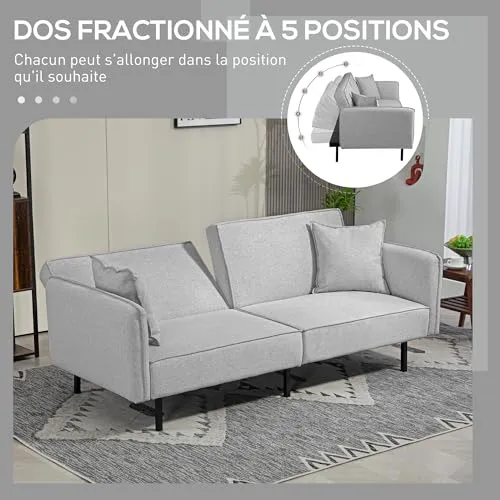 HOMCOM Canapé Convertible 3 Places canapé-lit 2 Places canapé clic-clac en Tissu Effet Lin avec Dossier réglable 2 Coussins lavables pour Salon, Chambre d'amis, Gris Clair