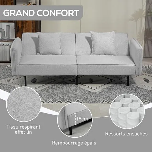 HOMCOM Canapé Convertible 3 Places canapé-lit 2 Places canapé clic-clac en Tissu Effet Lin avec Dossier réglable 2 Coussins lavables pour Salon, Chambre d'amis, Gris Clair