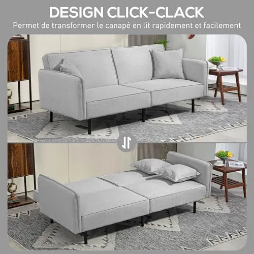HOMCOM Canapé Convertible 3 Places canapé-lit 2 Places canapé clic-clac en Tissu Effet Lin avec Dossier réglable 2 Coussins lavables pour Salon, Chambre d'amis, Gris Clair