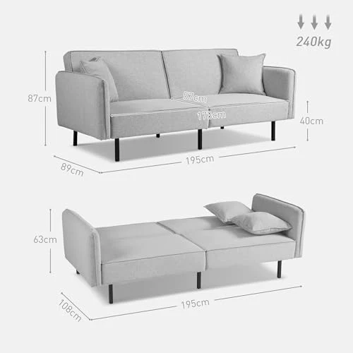 HOMCOM Canapé Convertible 3 Places canapé-lit 2 Places canapé clic-clac en Tissu Effet Lin avec Dossier réglable 2 Coussins lavables pour Salon, Chambre d'amis, Gris Clair