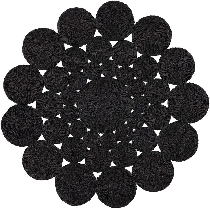 THE PIKKU INTERNATIONAL Tapis rond tressé à la main en jute - Tapis rustique pour salon, couloir, couloir, noir, 80 x 80 cm