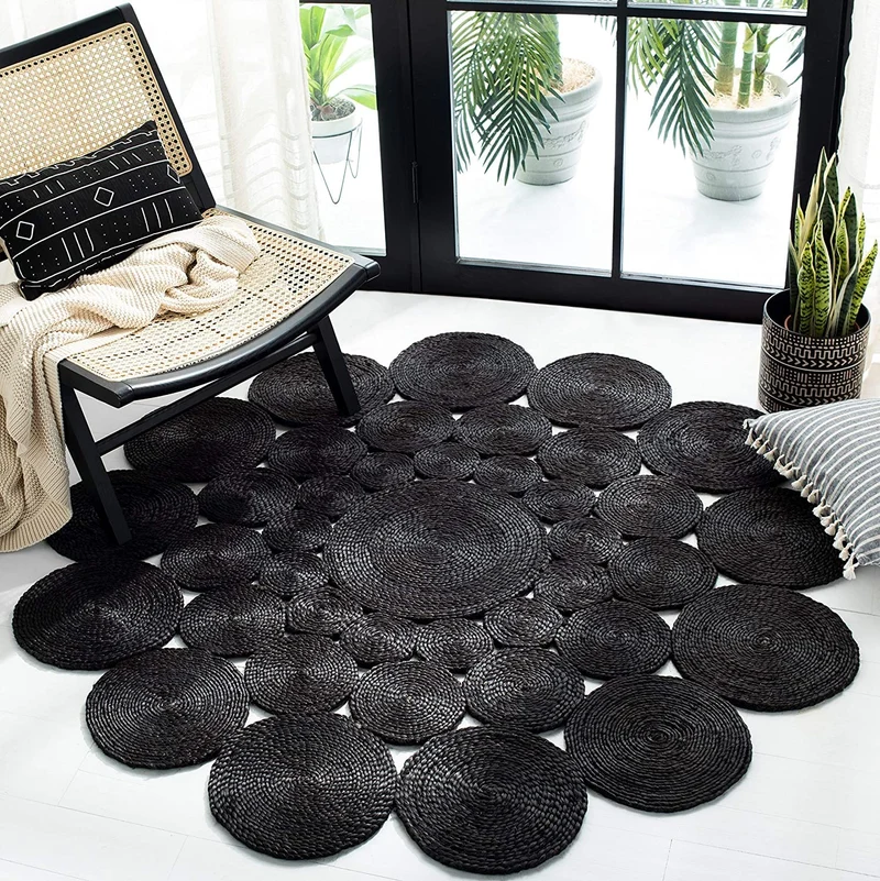 THE PIKKU INTERNATIONAL Tapis rond tressé à la main en jute - Tapis rustique pour salon, couloir, couloir, noir, 80 x 80 cm