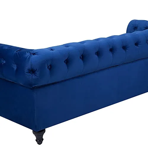 Canapé 3 Places en Tissu Bleu Assise Rembourrée Large Dossier Points Chesterfield