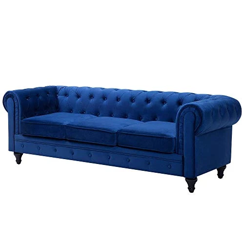 Canapé 3 Places en Tissu Bleu Assise Rembourrée Large Dossier Points Chesterfield