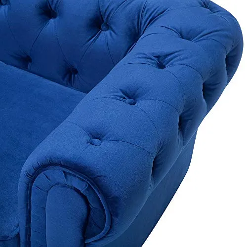 Canapé 3 Places en Tissu Bleu Assise Rembourrée Large Dossier Points Chesterfield