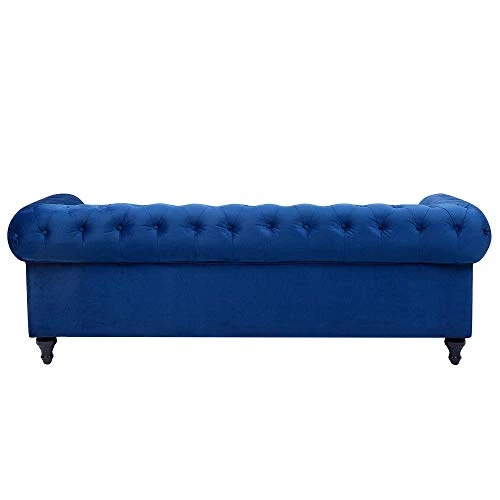 Canapé 3 Places en Tissu Bleu Assise Rembourrée Large Dossier Points Chesterfield