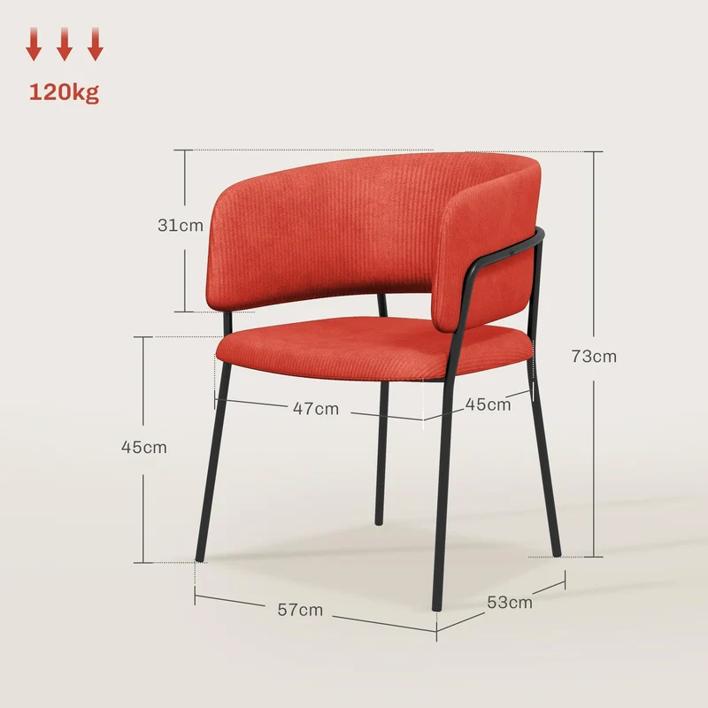 HOMCOM Lot de 2 chaises de Salle à Manger Chaise de Cuisine Pieds en Acier, Assise rembourrée, pour Salle à Manger, Salon, Cuisine, dim. 57L x 53l x 73H cm Orange