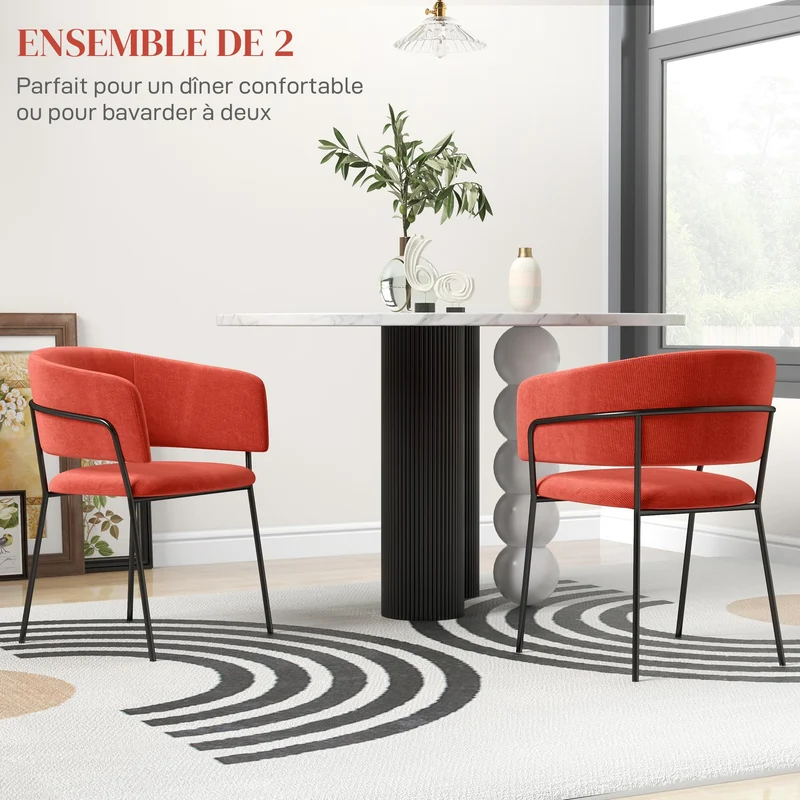 HOMCOM Lot de 2 chaises de Salle à Manger Chaise de Cuisine Pieds en Acier, Assise rembourrée, pour Salle à Manger, Salon, Cuisine, dim. 57L x 53l x 73H cm Orange