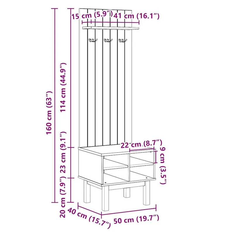 vidaXL Meuble d'entrée OTTA 50x40x160 cm Bois Massif de pin, Armoire d'entrée, Ensemble de vestiaire, Meuble de Rangement de Couloir