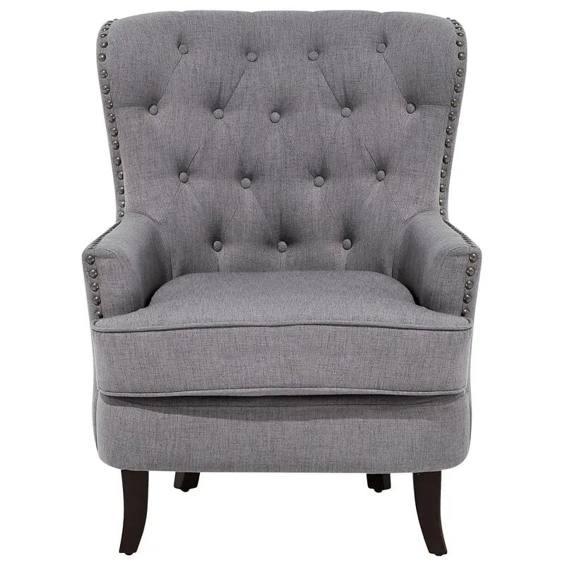 Fauteuil Chesterfield En Tissu Gris Clair Haut Dossier à Clous Pieds Courbes Viborg
