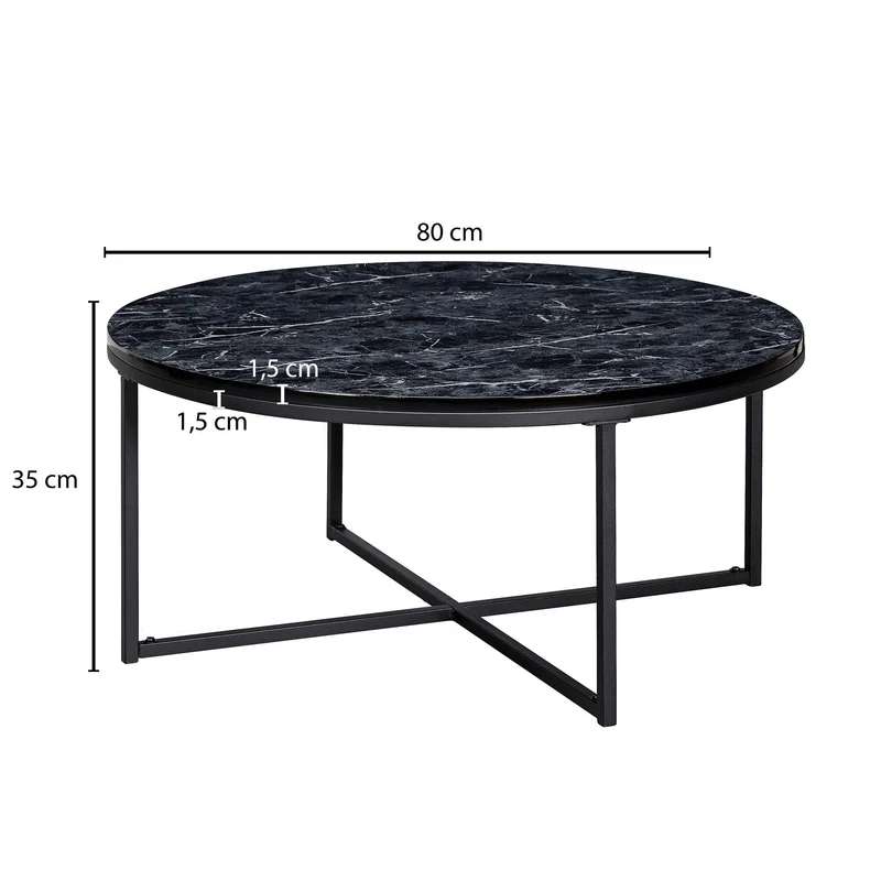 FineBuy Table Basse de Salon Effet Marbré 80x36x80 cm MDF et Metal | Grande Table de Canapé Ronde Noir | Design Table d'appoint Moderne