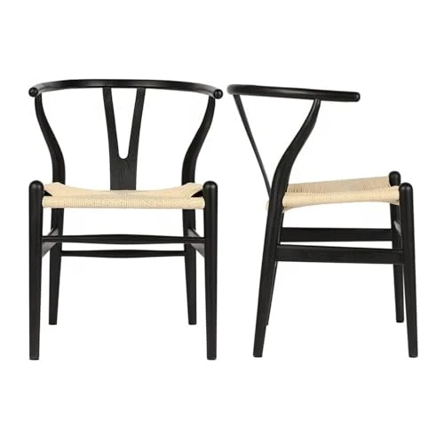 Chaise Y (Wishbone Chair) chaise de salle à manger avec accoudoirs en bois massif de style milieu du siècle avec siège en chanvre (en bois de frêne - noyer) (Bois de frêne - noyer).(Beech Wood Color,P