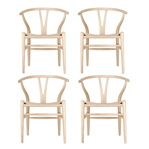 Chaise Y (Wishbone Chair) chaise de salle à manger avec accoudoirs en bois massif de style milieu du siècle avec siège en chanvre (en bois de frêne - noyer) (Bois de frêne - noyer).(Beech Wood Color,P