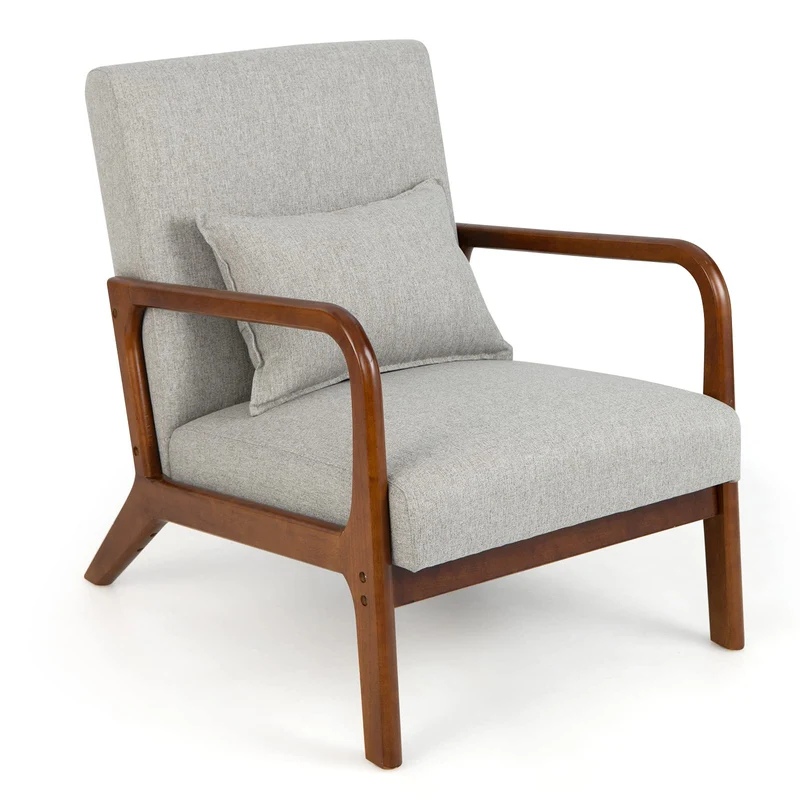 COSTWAY Fauteuil de Salon 1 Place, Fauteuil Relax Rembourré avec Coussin Lombaire, Cadre en Bois Massif de Caoutchouc & Patins Antidérapants, Fauteuil de Lecture pour Bureau, Charge 150 KG(Gris)