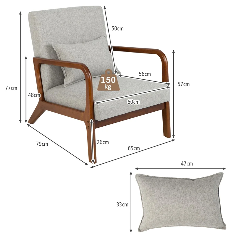 COSTWAY Fauteuil de Salon 1 Place, Fauteuil Relax Rembourré avec Coussin Lombaire, Cadre en Bois Massif de Caoutchouc & Patins Antidérapants, Fauteuil de Lecture pour Bureau, Charge 150 KG(Gris)