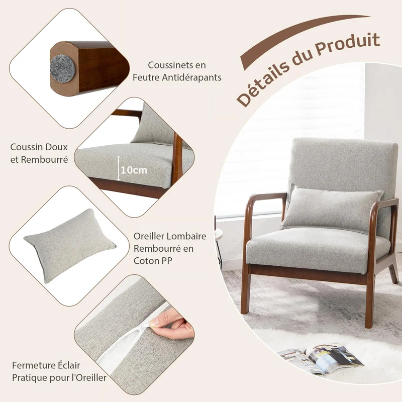COSTWAY Fauteuil de Salon 1 Place, Fauteuil Relax Rembourré avec Coussin Lombaire, Cadre en Bois Massif de Caoutchouc & Patins Antidérapants, Fauteuil de Lecture pour Bureau, Charge 150 KG(Gris)