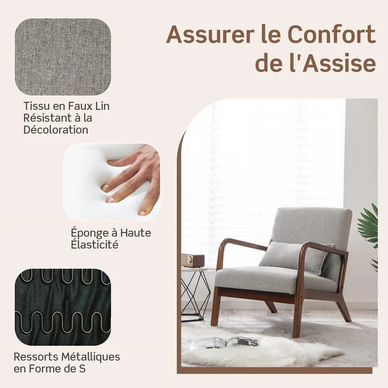 COSTWAY Fauteuil de Salon 1 Place, Fauteuil Relax Rembourré avec Coussin Lombaire, Cadre en Bois Massif de Caoutchouc & Patins Antidérapants, Fauteuil de Lecture pour Bureau, Charge 150 KG(Gris)