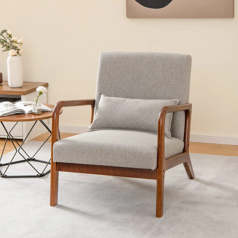 COSTWAY Fauteuil de Salon 1 Place, Fauteuil Relax Rembourré avec Coussin Lombaire, Cadre en Bois Massif de Caoutchouc & Patins Antidérapants, Fauteuil de Lecture pour Bureau, Charge 150 KG(Gris)