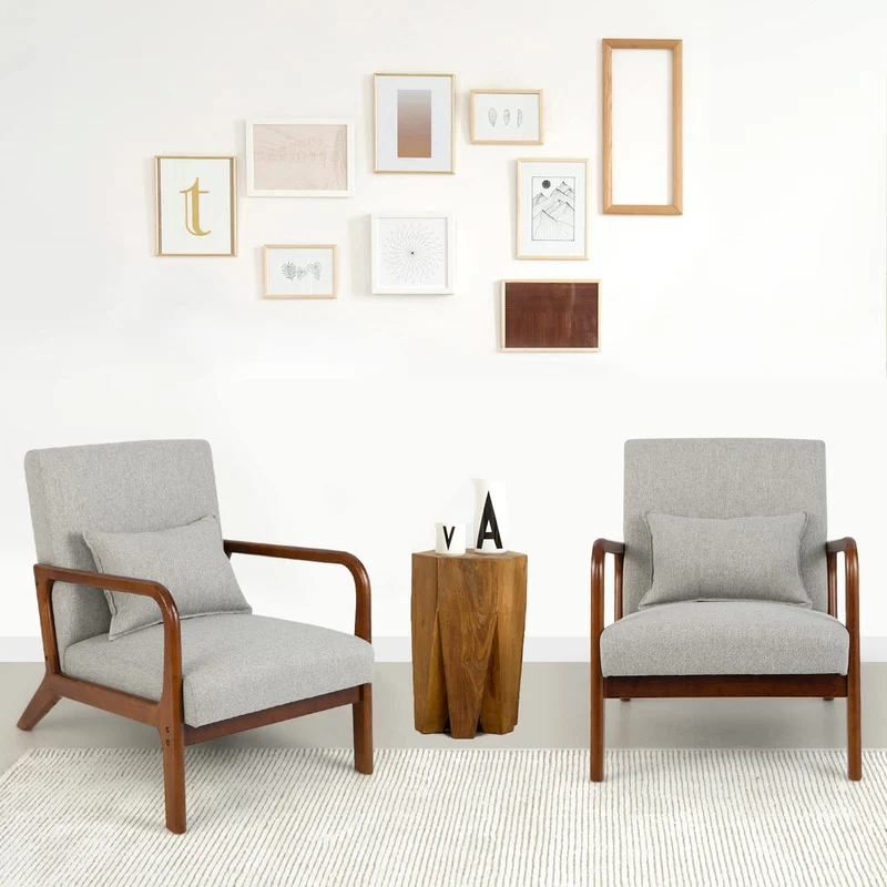 COSTWAY Fauteuil de Salon 1 Place, Fauteuil Relax Rembourré avec Coussin Lombaire, Cadre en Bois Massif de Caoutchouc & Patins Antidérapants, Fauteuil de Lecture pour Bureau, Charge 150 KG(Gris)
