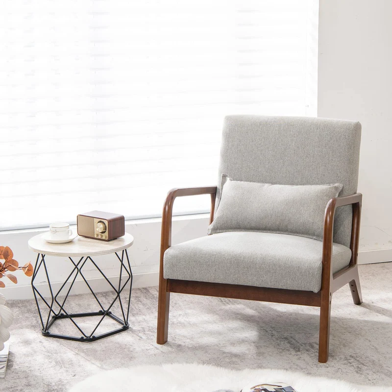 COSTWAY Fauteuil de Salon 1 Place, Fauteuil Relax Rembourré avec Coussin Lombaire, Cadre en Bois Massif de Caoutchouc & Patins Antidérapants, Fauteuil de Lecture pour Bureau, Charge 150 KG(Gris)